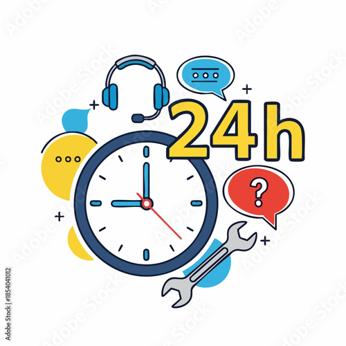 Illustration for 24h service with clock, blue, red hands. Elements for 24h service include headset, chat bubbles, wrench, symbolizing constant technical assistance.