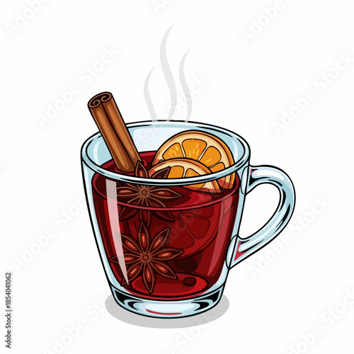 Steaming mulled wine in clear glass mug with vibrant orange slices and fragrant cinnamon stick. This festive mulled wine illustration features aromatic star anise and warm red beverage,