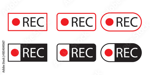 Recording icon set. Red sign camera video recording symbol, rec icon