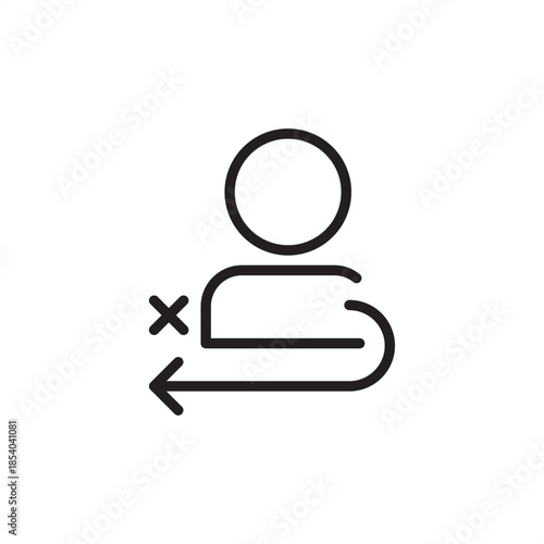 Minimalist line icon of a person with a cross mark and a return arrow. Ideal for representing user churn, account cancellation, employee resignation, and customer exit journey concepts.