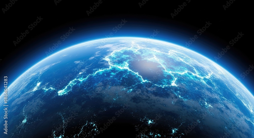 Obraz premium 3D view of planet Earth in space with the sun and moon over the blue global sphere and world map atmosphere at night with stars