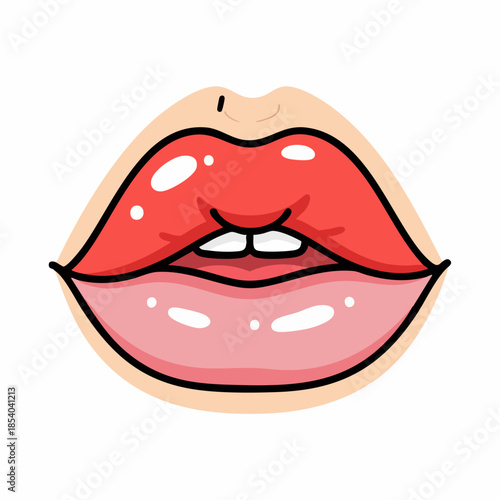 Bright cartoon lips illustration with glossy pink and red hues, showing slight teeth detail. Stylized cartoon lips design for beauty concepts, expressive communication,
