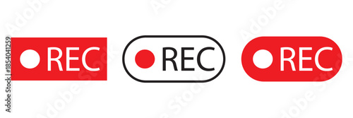 Recording icon set. Red sign camera video recording symbol, rec icon