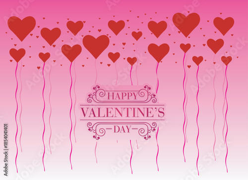Romantic pink background with floating red heart balloons for valentine's day celebration Vector, illustration