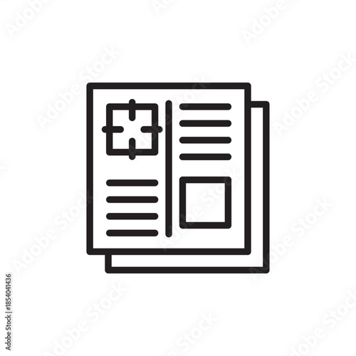 Minimalist line art icon of documents featuring a target crosshair and layout blocks. Ideal for representing strategic planning, precise data analysis, content targeting, and business audit concepts.