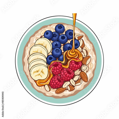 Nutritious oatmeal bowl with fresh blueberries, raspberries, banana slices, almonds, and honey drizzle. Healthy breakfast oatmeal bowl offers sustained energy for morning meals.