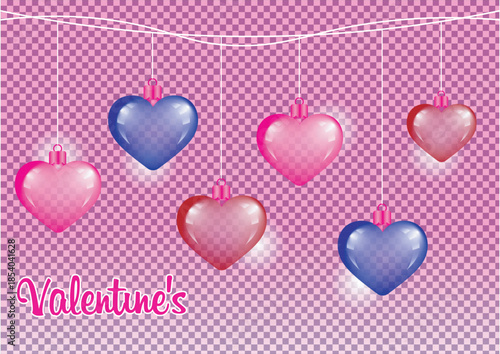 Hanging transparent heart ornaments in pink, blue, and red for valentine's decoration Vector, illustration