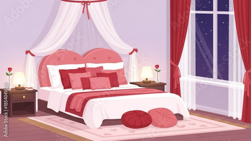 Romantic pink and white bedroom with canopy bed and red curtains at night