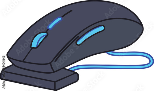 Illustration of a dark computer mouse on a white background.