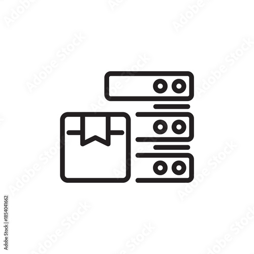 Minimalist line art icon of a shipping box next to data server racks. Ideal for representing logistics tracking, inventory management systems, e-commerce warehouse data, and digital supply chain tech.