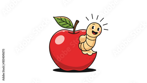 Happy Worm Crawling Out of a Bitten Red Apple Illustration