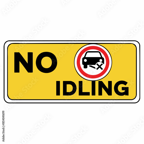 Bright yellow no idling sign, clearly showing graphic symbol of car engine off, prohibiting unnecessary vehicle operation.