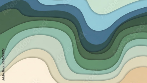 Vibrant wavy layers in shades of green blue and beige create a dynamic abstract background