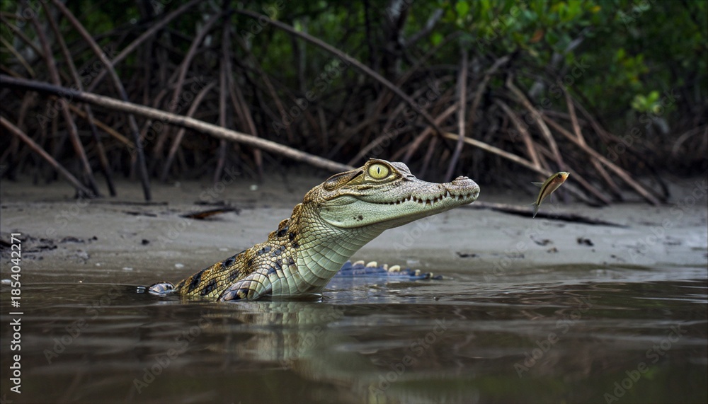 Fototapeta premium Juvenile Caiman Hunts Leaping Fish in Mangrove Waters