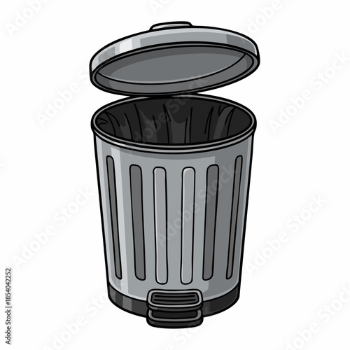 Gray metal trash can with open lid, standing upright on clean white background. This foot pedal operated waste bin features ribbed sides, a dark interior liner, and functional design,