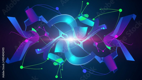 Vibrant abstract design with swirling blue, purple, and green shapes, glowing lines,