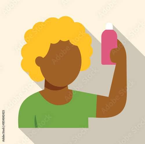 Person with curly blonde hair presenting a hair care product bottle