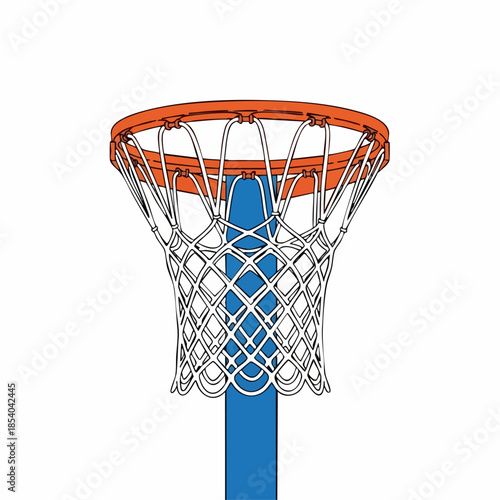 Netball hoop illustration with orange rim and white net on blue pole. This detailed netball equipment features regulation height and durable construction, perfect for team sports.