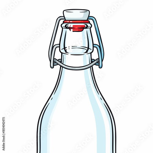 Illustration of clear glass swing top bottle, featuring a white ceramic cap, red rubber gasket, and secure metal clasp. Swing top bottle design offers classic appeal for beverages, oils, home brewing.