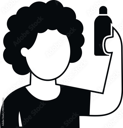 Person with curly hair holding a generic product bottle, presented as a black and white icon