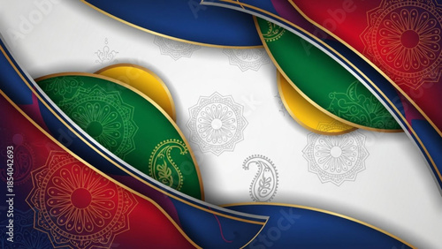 Vibrant abstract background with swirling shapes and mandala patterns in red, green, blue,