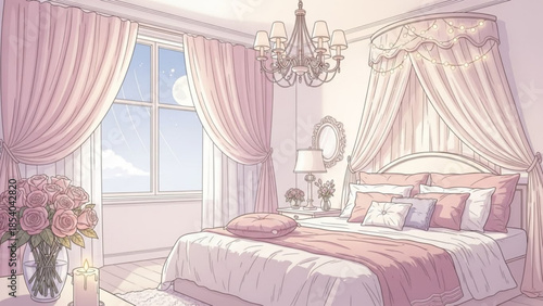 Luxurious bedroom interior with canopy bed, soft pink curtains, and elegant chandelier, serene and inviting atmosphere
