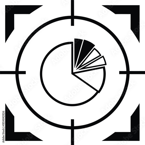 Black and white pie chart in a crosshair target symbol on white background