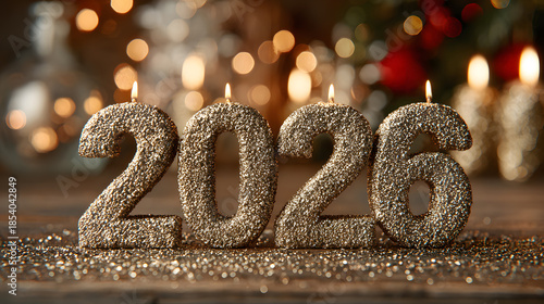 Golden 2026 Glitter Candles Burning on Rustic Wooden Table for New Year