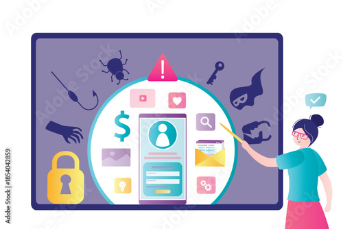 Teacher talking about hazard and dangerous in network - scam, hacker attack, spam and bugs. Cyber security and information protection. Education concept,