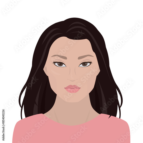 Young asian woman avatar for social network. Front view of girl portrait isolated on white background. Beauty young adult, close up view, cute female character