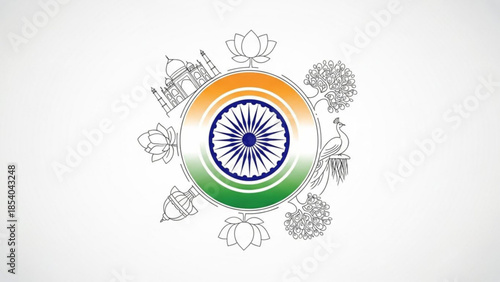 Indian national symbols and landmarks in a circle with peacock, lotus, flowers, and taj mahal