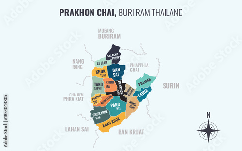 Map showing Prakhon Chai District Buri Ram Thailand divided into sub districts with minimalist colorful patterns