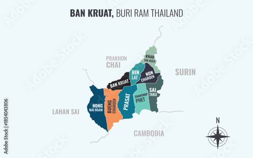 Map showing Ban Kruat District Buri Ram Thailand divided into sub districts with minimalist colorful patterns
