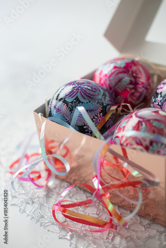 Christmas tree decorations with Petrikov painting in a box