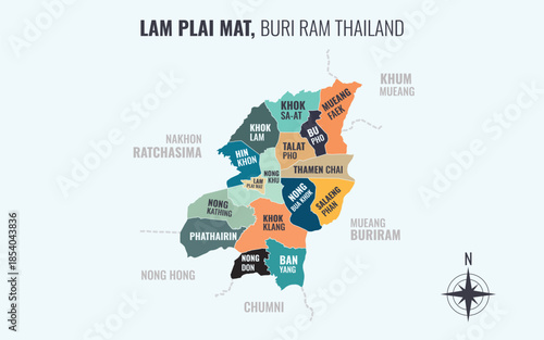 Map showing Lam Plai Mat District Buri Ram Thailand divided into sub districts with minimalist colorful patterns