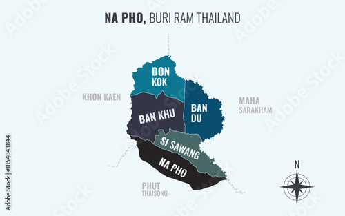 Map showing Na Pho District Buri Ram Thailand divided into sub districts with minimalist colorful patterns