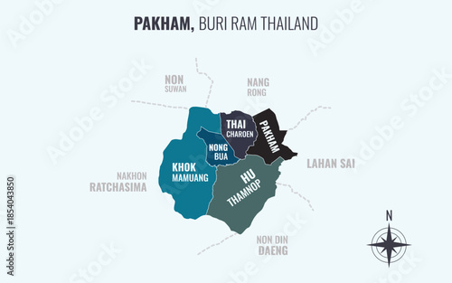 Map showing Pakham District Buri Ram Thailand divided into sub districts with minimalist colorful patterns