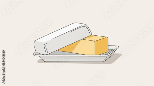 Illustration of a butter stick on a butter dish with a lid.