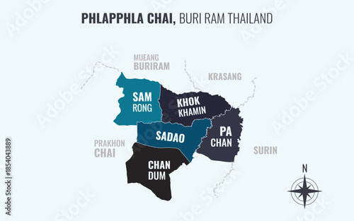 Map showing Phlapphla Chai District Buri Ram Thailand divided into sub districts with minimalist colorful patterns