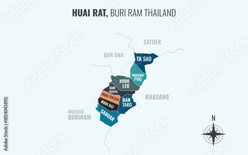 Map showing Huai Rat District Buri Ram Thailand divided into sub districts with minimalist colorful patterns