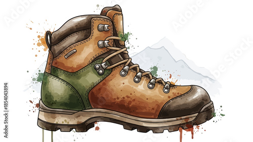 Detailed watercolor illustration of a vintage hiking boot with laces and sturdy sole.