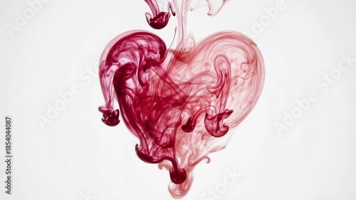Red ink gracefully dissolving in clear water, creating an ethereal and abstract heart shaped cloud isolated on a pure white background, symbolizing love, passion, and romance for valentine's day