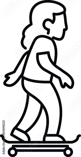 Person riding a skateboard in a simple black and white line art vector icon illustration