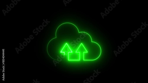 Neon Glowing Cloud Upload Icon Animation on Black Background, Looping File and Data Upload Symbol for Cloud Storage, Online Backup, Network Transfer