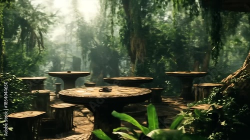 Mysterious forest scene elevated platforms sunlight and lush foliage