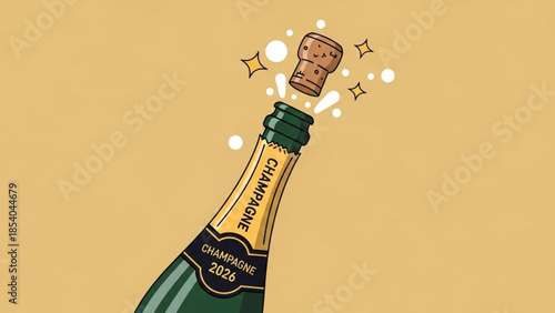 Champagne bottle with popping cork on bright yellow background, champagne 2026 illustration