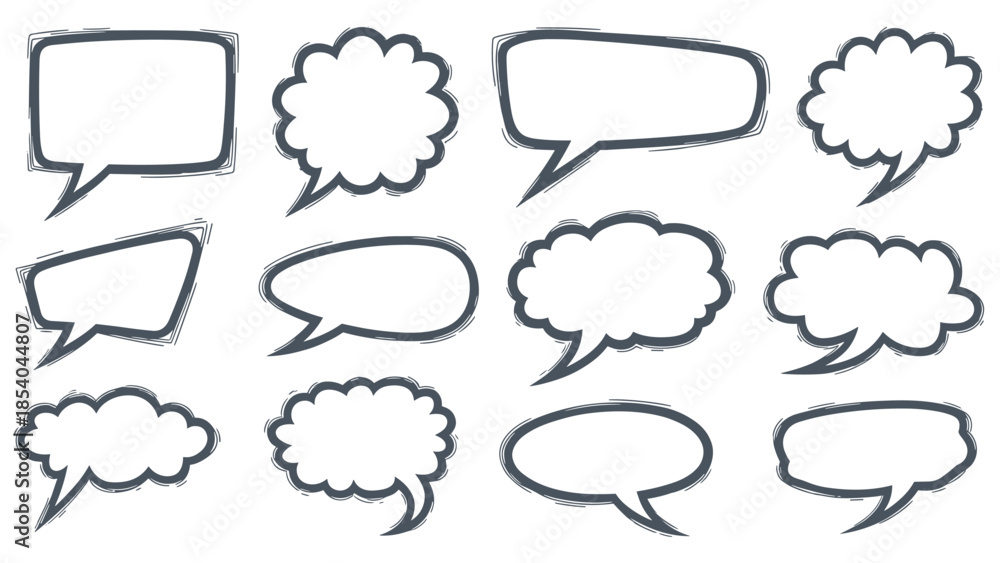 Fototapeta premium Collection of empty speech and thought bubbles hand-drawn with a rough, grungy brush effect, isolated on a white background for adding text.