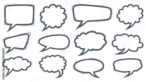 Collection of empty speech and thought bubbles hand-drawn with a rough, grungy brush effect, isolated on a white background for adding text.