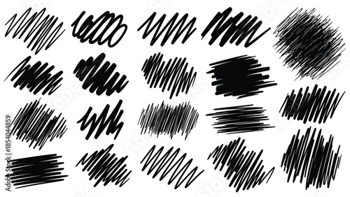 Collection of black hand-drawn scribble and hatching marks, perfect for creating textured backgrounds or abstract design elements.