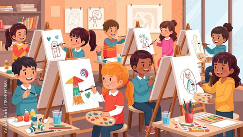 Group of happy children painting together in art class with colorful easels and canvases in a creative classroom setting